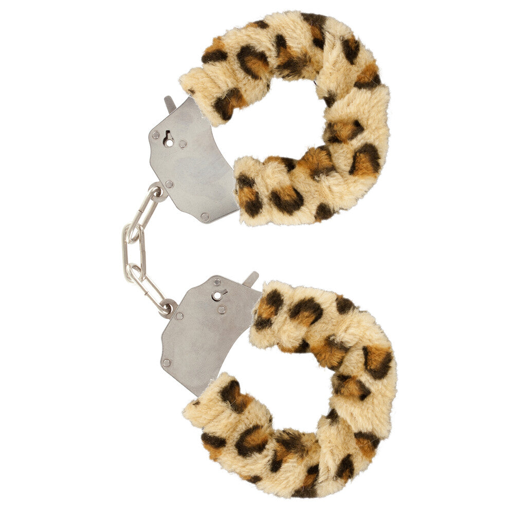 Leopard print furry wrist cuffs from ToyJoy, ideal for playful restraint and fun.