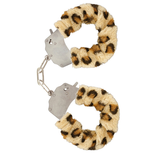 Leopard print furry wrist cuffs from ToyJoy, ideal for playful restraint and fun.