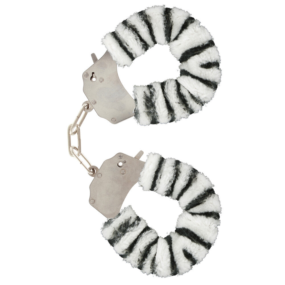 toyjoy furry fun wrist cuffs in a playful zebra print for kinky nights