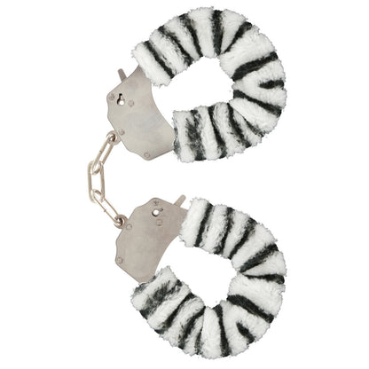 toyjoy furry fun wrist cuffs in a playful zebra print for kinky nights