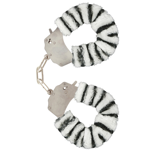 toyjoy furry fun wrist cuffs in a playful zebra print for kinky nights