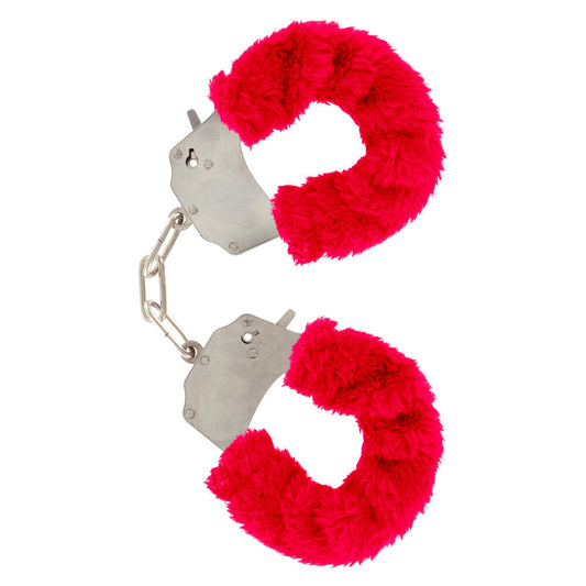 ToyJoy furry red wrist cuffs, for playful restraint, with a soft, fun finish.