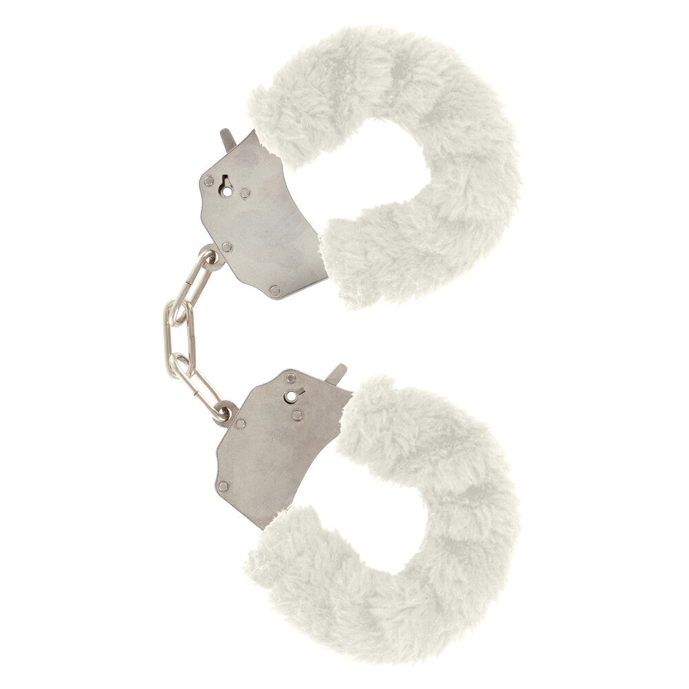 ToyJoy Furry Fun wrist restraints in white with a soft, plush finish.