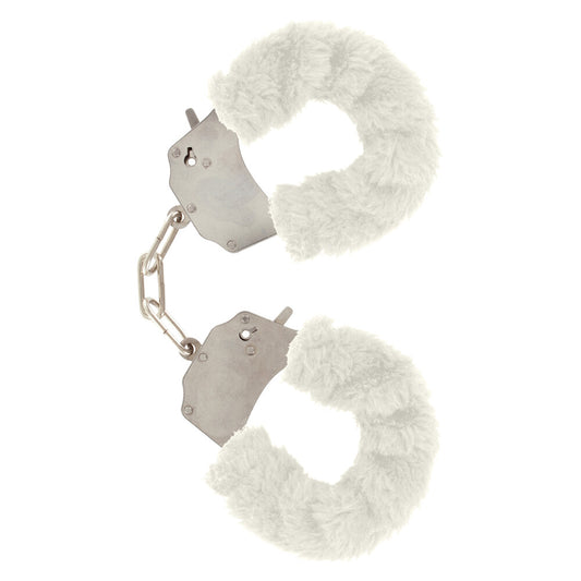ToyJoy Furry Fun wrist restraints in white with a soft, plush finish.