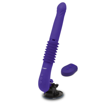 Close-up of the 'magnum opus supreme thruster 2' vibrator, purple silicone with ridges.