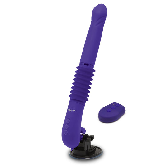Close-up of the 'magnum opus supreme thruster 2' vibrator, purple silicone with ridges.