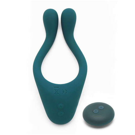 remote control couples vibrator with clitoral stimulator in smooth, skin-safe silicone for shared pleasure