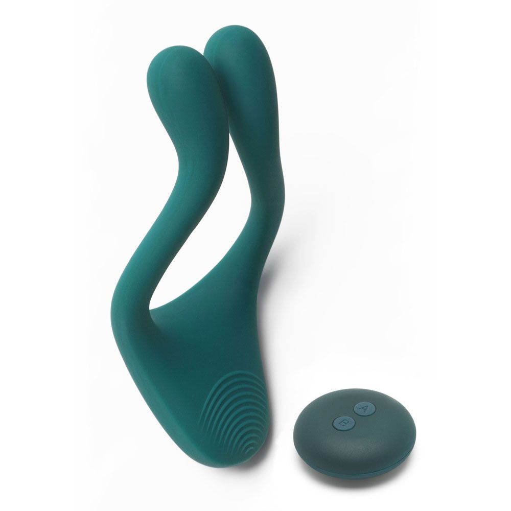 remote control icon superbe couples vibrator, two-tone pink and purple silicone, designed for clitoral stimulation.