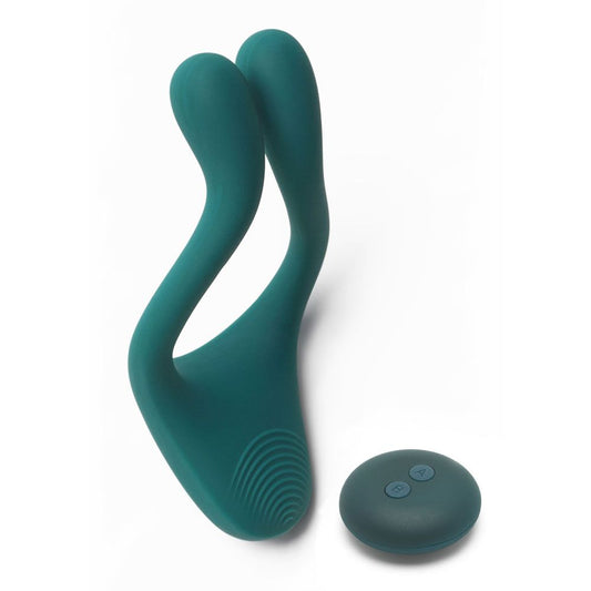 remote control icon superbe couples vibrator, two-tone pink and purple silicone, designed for clitoral stimulation.
