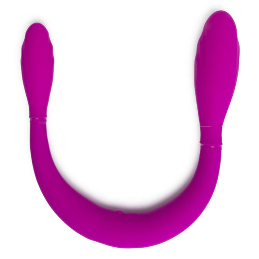 Two-ended purple and pink dildo for simultaneous pleasure, a Toy Joy double dildo.