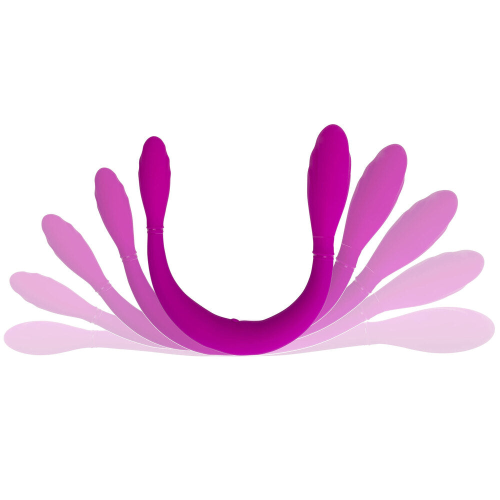 Dual ended dildo in a deep purple, smooth finish, for shared pleasure.