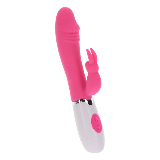 A pink, funky rabbit-shaped vibrator from toy joy sex toys, a bunny vibrator.