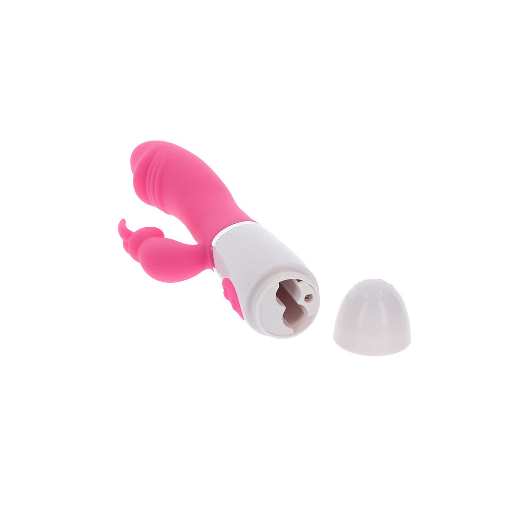 A pink, rabbit-shaped vibrator from toy joy sex toys, a funky adult novelty toy.