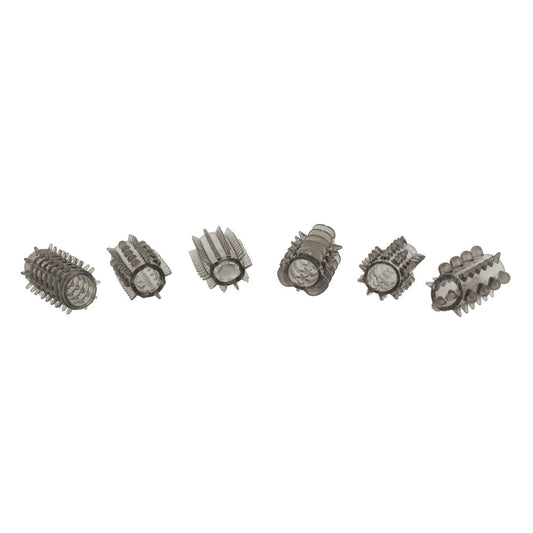 A grey ToyJoy penis sleeve set, showing textured designs and a soft, flexible material.