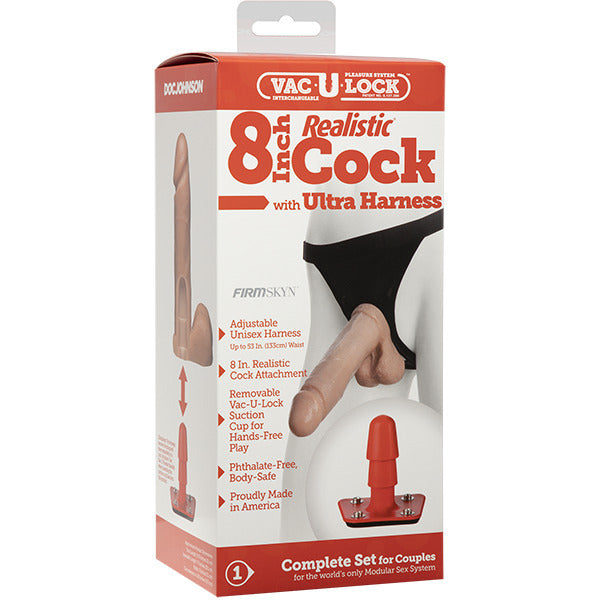 Doc Johnson VacULock realistic 8-inch dildo with ultra harness, flesh-toned, for strap-on use.