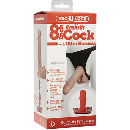 Doc Johnson VacULock realistic 8-inch dildo with ultra harness, flesh-toned, for strap-on use.