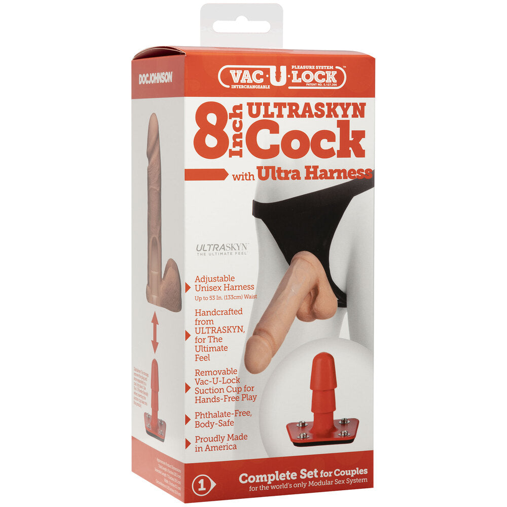 8-inch realistic flesh-coloured dildo with a vac-u-lock connection and black harness for strap-on fun.