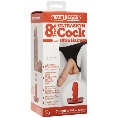 8-inch realistic flesh-coloured dildo with a vac-u-lock connection and black harness for strap-on fun.