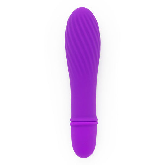 Close-up of a petite, smooth purple vibrator from toy joy sex toys, a mini vibrator.