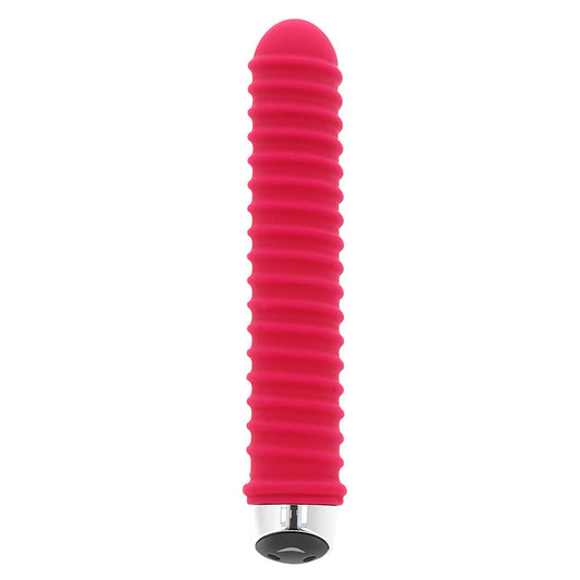 Close-up of a ribbed, dark purple standard vibrator with a smooth, curved tip.