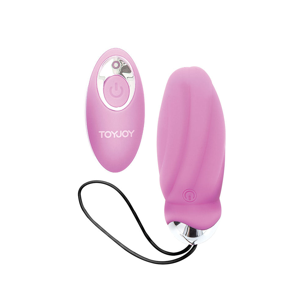 Close-up of a smooth, egg-shaped purple vibrator from toy joy sex toys.