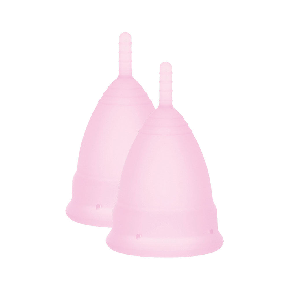 Two small menstrual cups for intimate health, likely silicone, in packaging by mae b.