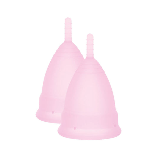 Two small menstrual cups for intimate health, likely silicone, in packaging by mae b.