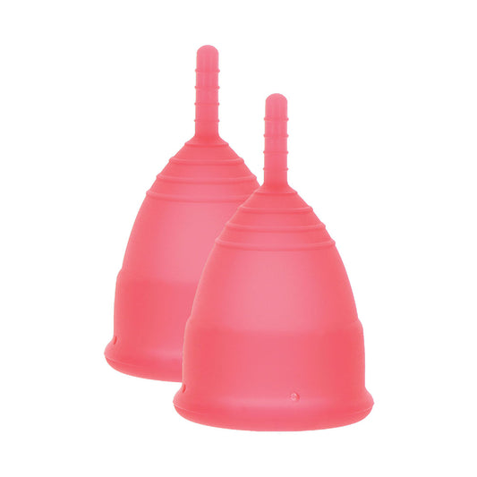Two large Mae B menstrual cups in their packaging, designed for intimate health.