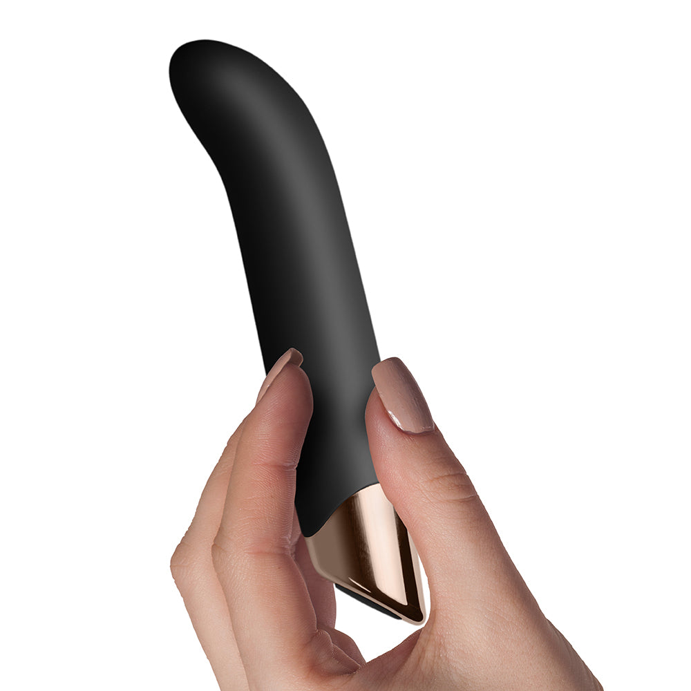 Rocks Off Chaiamo g-spot vibrator in black, a sleek and curved pleasure toy.