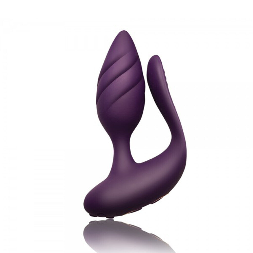 Purple remote control couples vibe by rocks off, a clitoral vibrator for shared pleasure.