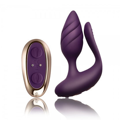 Purple remote control couples vibrator by rocks off, designed for clitoral stimulation.