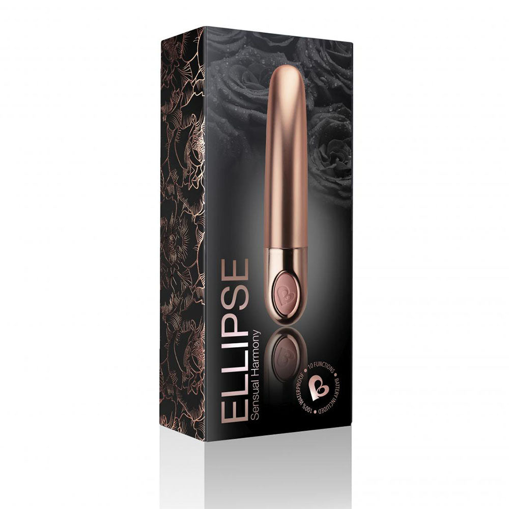 Rocks Off Ellipse mini vibrator in dusk pink, smooth silicone with a curved, ergonomic design.