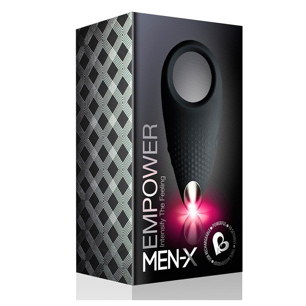 Rocks Off Empower MenX black cockring; textured, stretchy and reusable for enhanced pleasure.