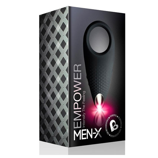 Rocks Off Empower MenX black cockring; textured, stretchy and reusable for enhanced pleasure.