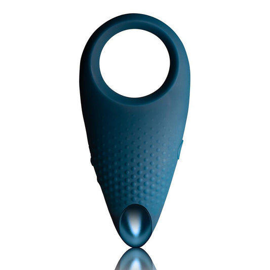 Close-up of a blue silicone cockring from Rocks Off, designed to enhance male performance.