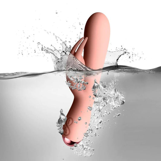 Rocks Off Flutter Rabbit in pink, a soft silicone pleasure toy for solo fun.