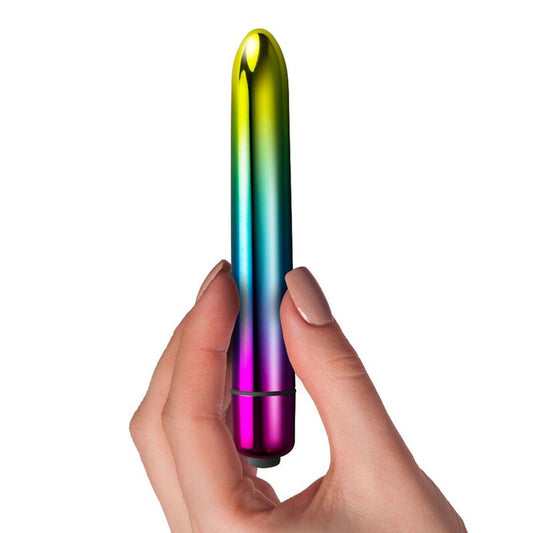 Rainbow coloured, prism-faceted vibrator by Rocks Off, a sensual pleasure product for adults.