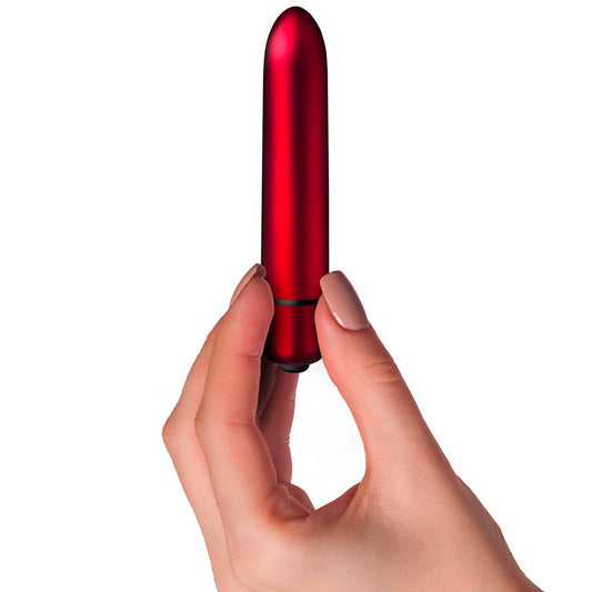 Scarlet velvet-covered bullet vibrator from Rocks Off, a luxurious adult pleasure toy