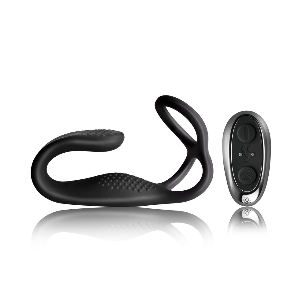 Rocks Off TheVibe black strapless strapon with anal stimulator for men, viewed close-up.