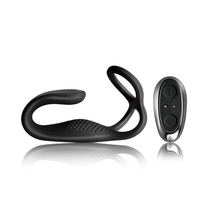Rocks Off TheVibe black strapless strapon with anal stimulator for men, viewed close-up.