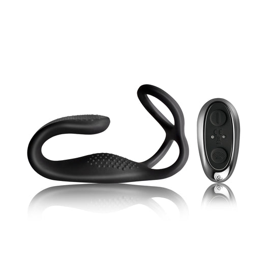 Rocks Off TheVibe black strapless strapon with anal stimulator for men, viewed close-up.