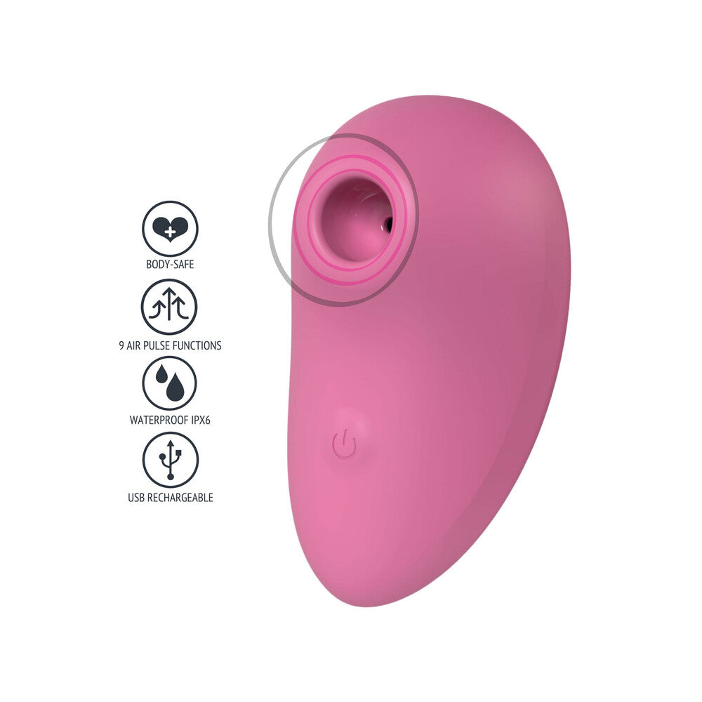 Close-up of the sleek, air pulse clitoral stimulator in a smooth, dusky pink finish.