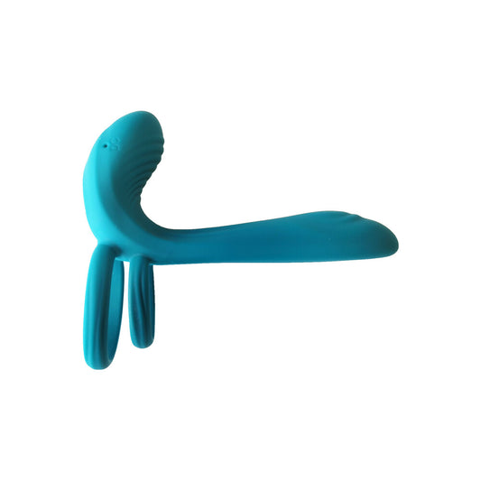 Close-up of a couples vibrator ring for love play, silver-toned metal, smooth finish.