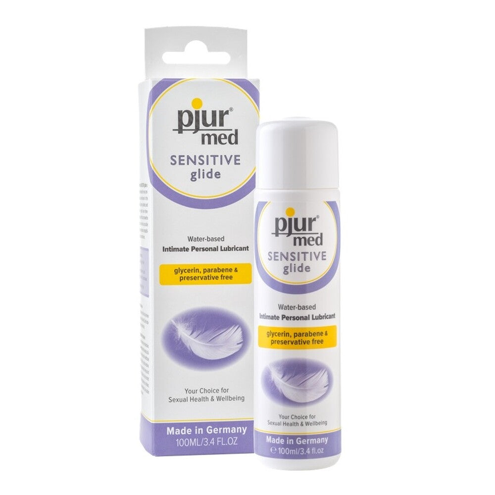 Pjur Med Sensitive Glide lubricant in a clear 100ml bottle for intimate use