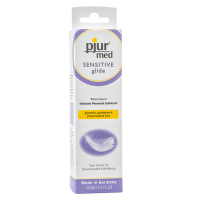Pjur Med Sensitive Glide lubricant in a clear plastic bottle with a white label.