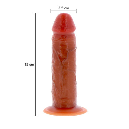 Realistic silicone dildo with a sliding foreskin, for pleasure, flesh-toned with a smooth finish.