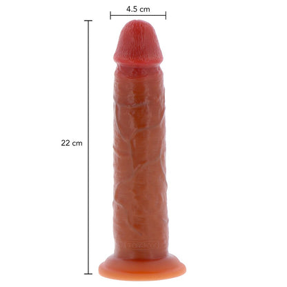 Realistic silicone dong from toy joy sex toys, with a foreskin detail, in skin tone.