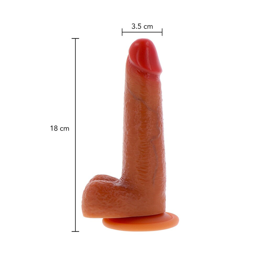 Realistic, skin-tone silicone dildo with sliding foreskin detail, ideal for intimate play.