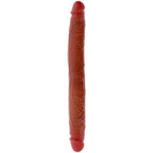 silicone double dong in a natural skin tone, featuring a foreskin design for realistic play