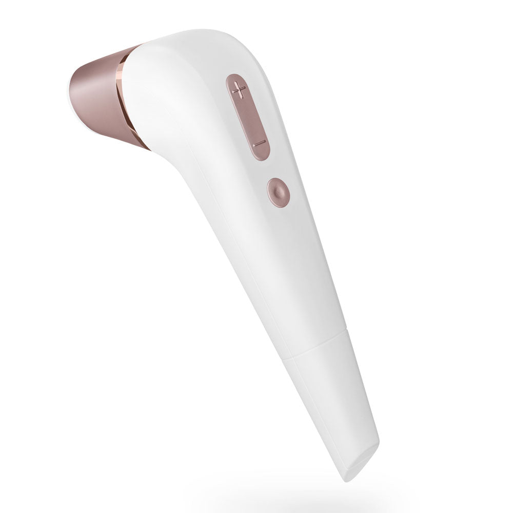 Close-up of a sleek, white clitoral vibrator by satisfyer pro with innovative air pulse technology.